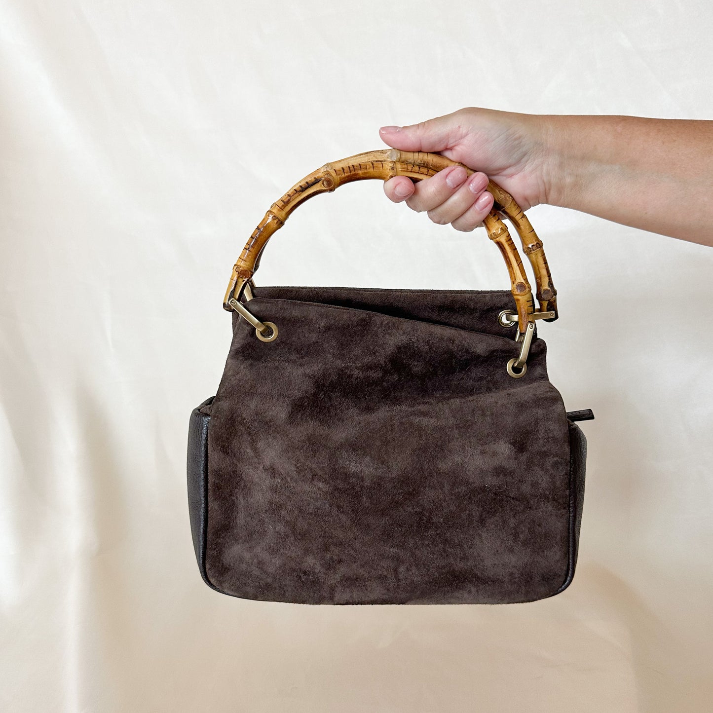 Gucci Vintage Chocolate Suede/Leather Bamboo Handle Bag