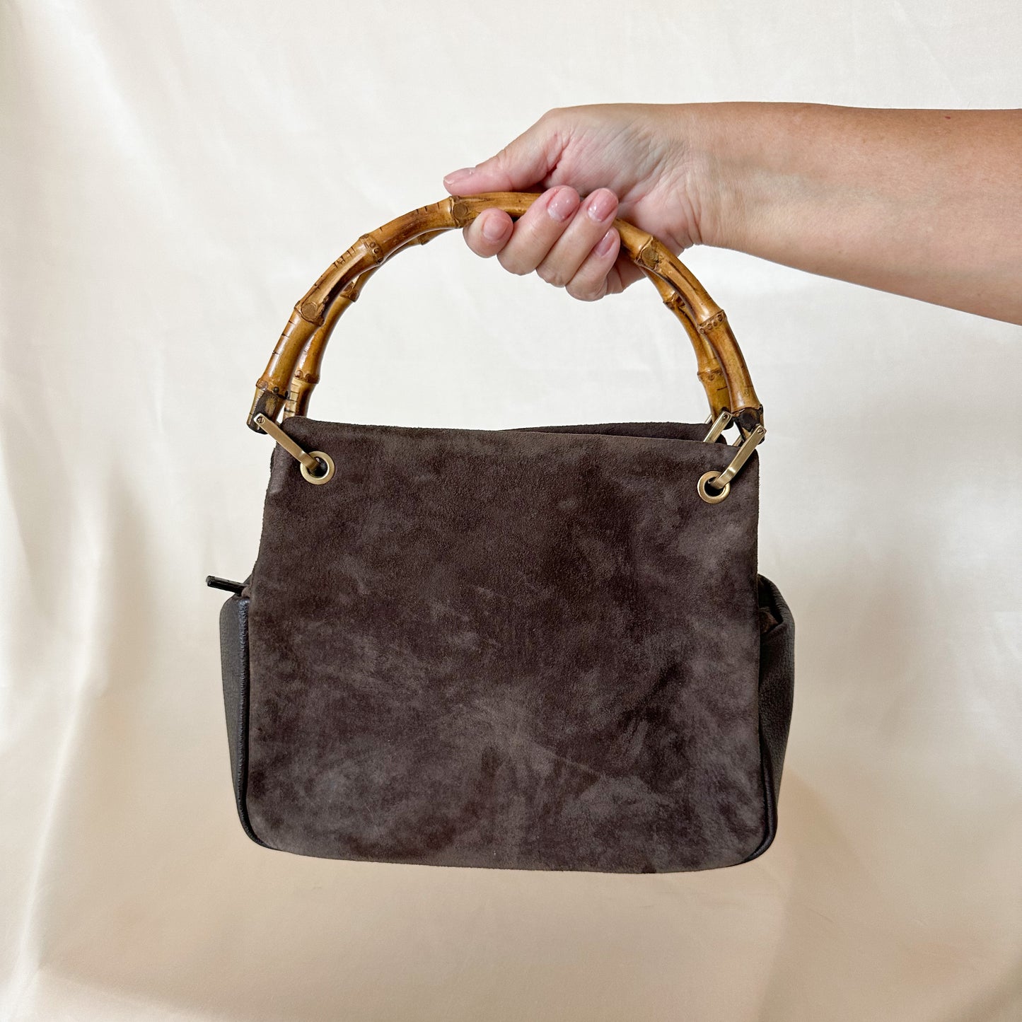 Gucci Vintage Chocolate Suede/Leather Bamboo Handle Bag