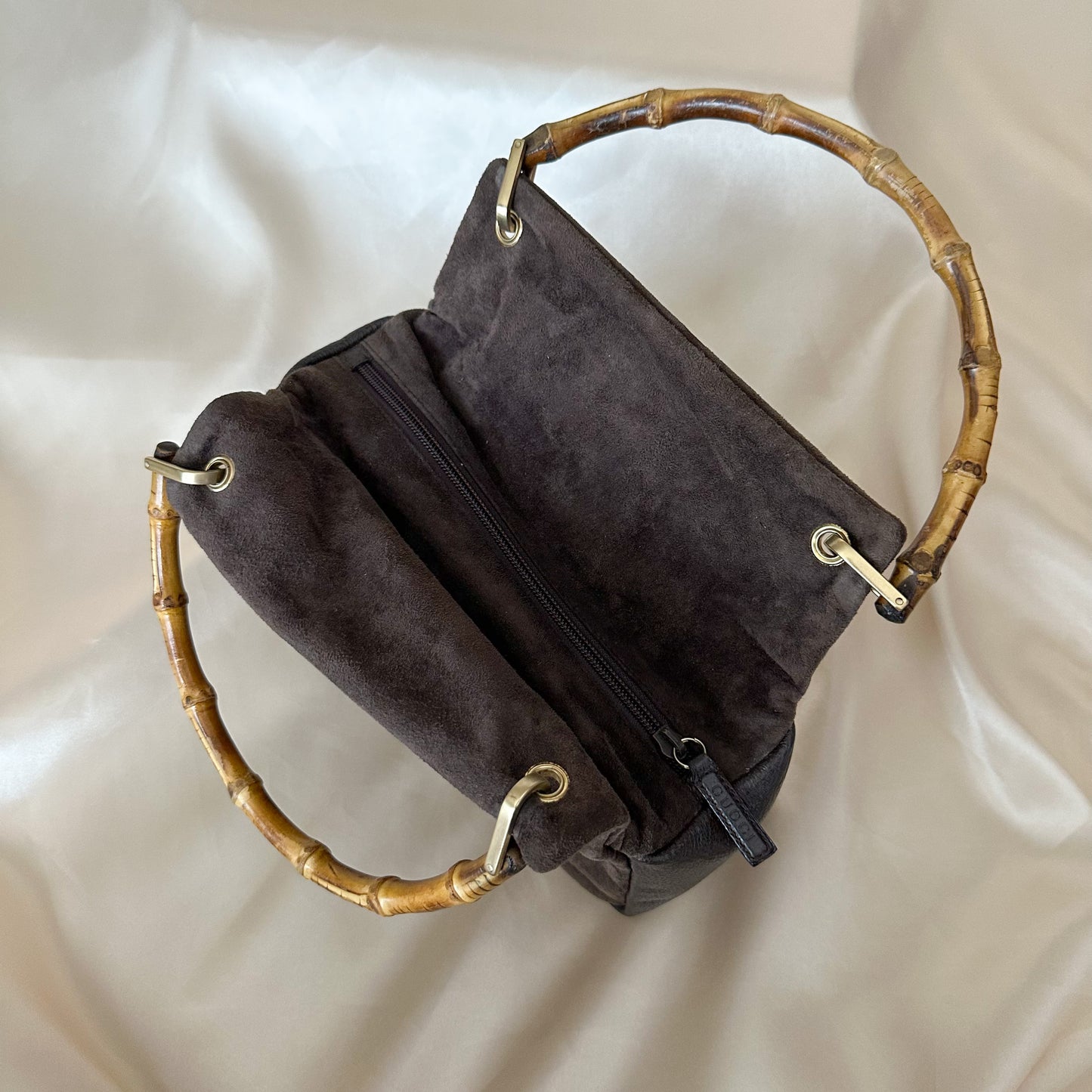 Gucci Vintage Chocolate Suede/Leather Bamboo Handle Bag