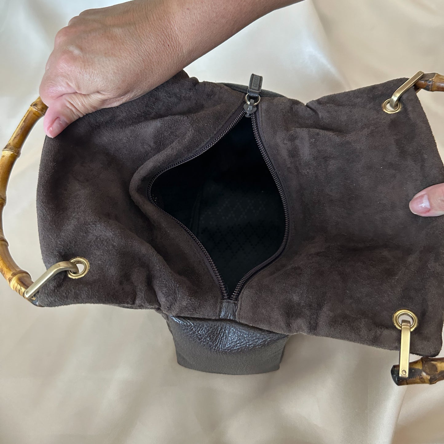 Gucci Vintage Chocolate Suede/Leather Bamboo Handle Bag